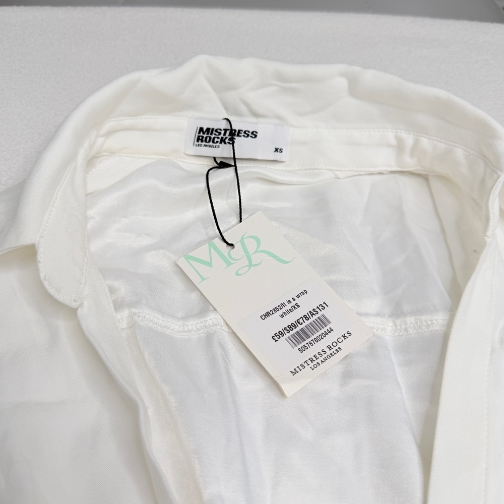 ✨NWT•Mistress Rocks | ‘ITS A WRAP’ White Draped Shirt Dress - Picture 4 of 14